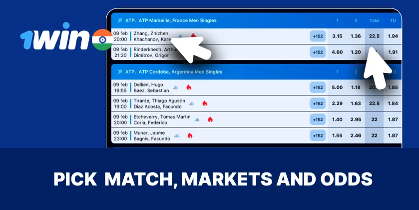 Pick a match, odds, and available markets