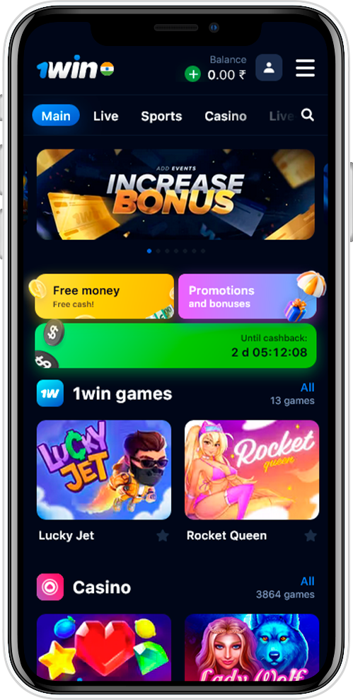 Screenshot of the 1Win app home page