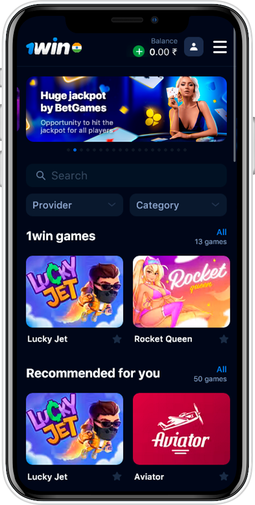 Screenshot of the 1Win app Casino section
